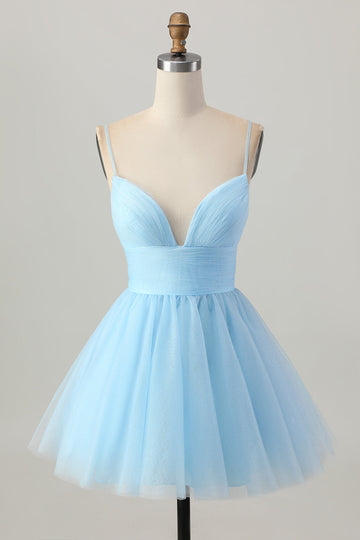 Sky Blue A Line Spaghetti Straps Short Homecoming Dress